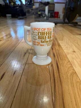 Vintage Milk Glass Pedestal Coffee Mug with 'Coffee Break' Motif
